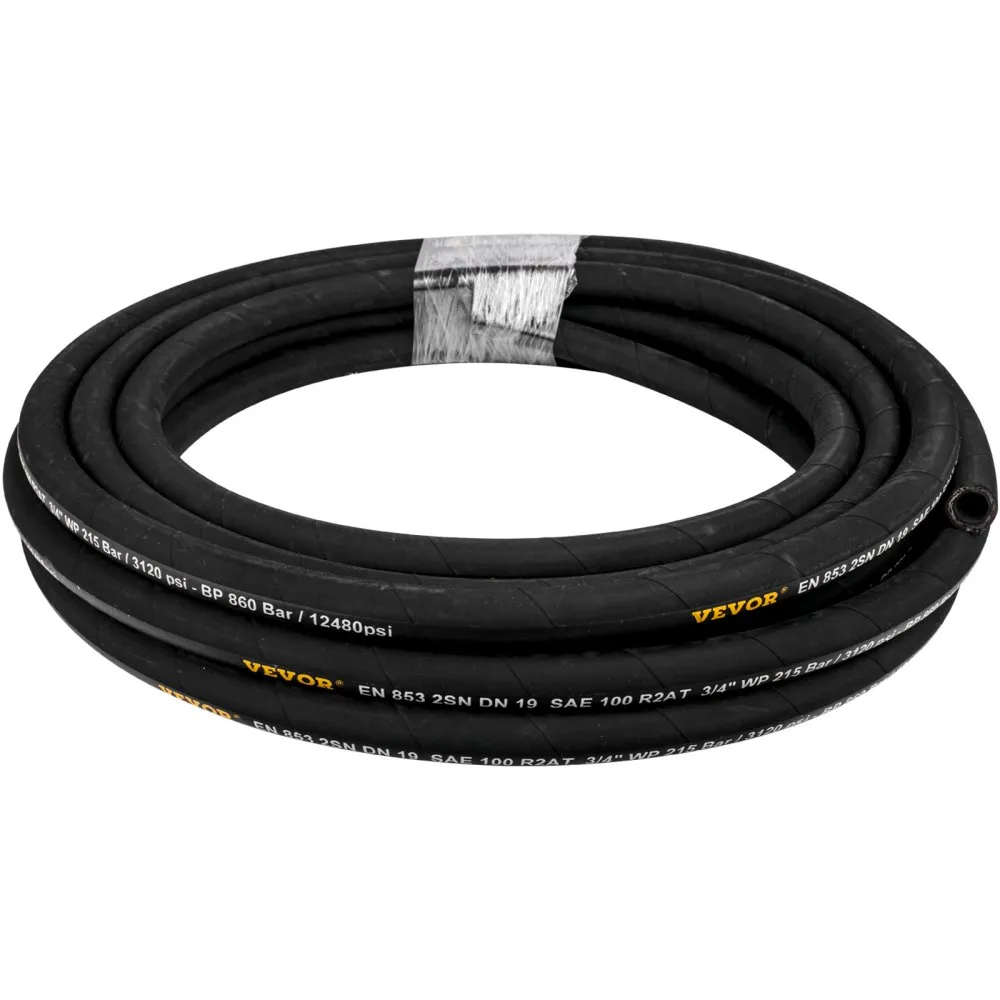 coiled black VEVOR hydraulic hose labeled with specifications and pressure ratings.