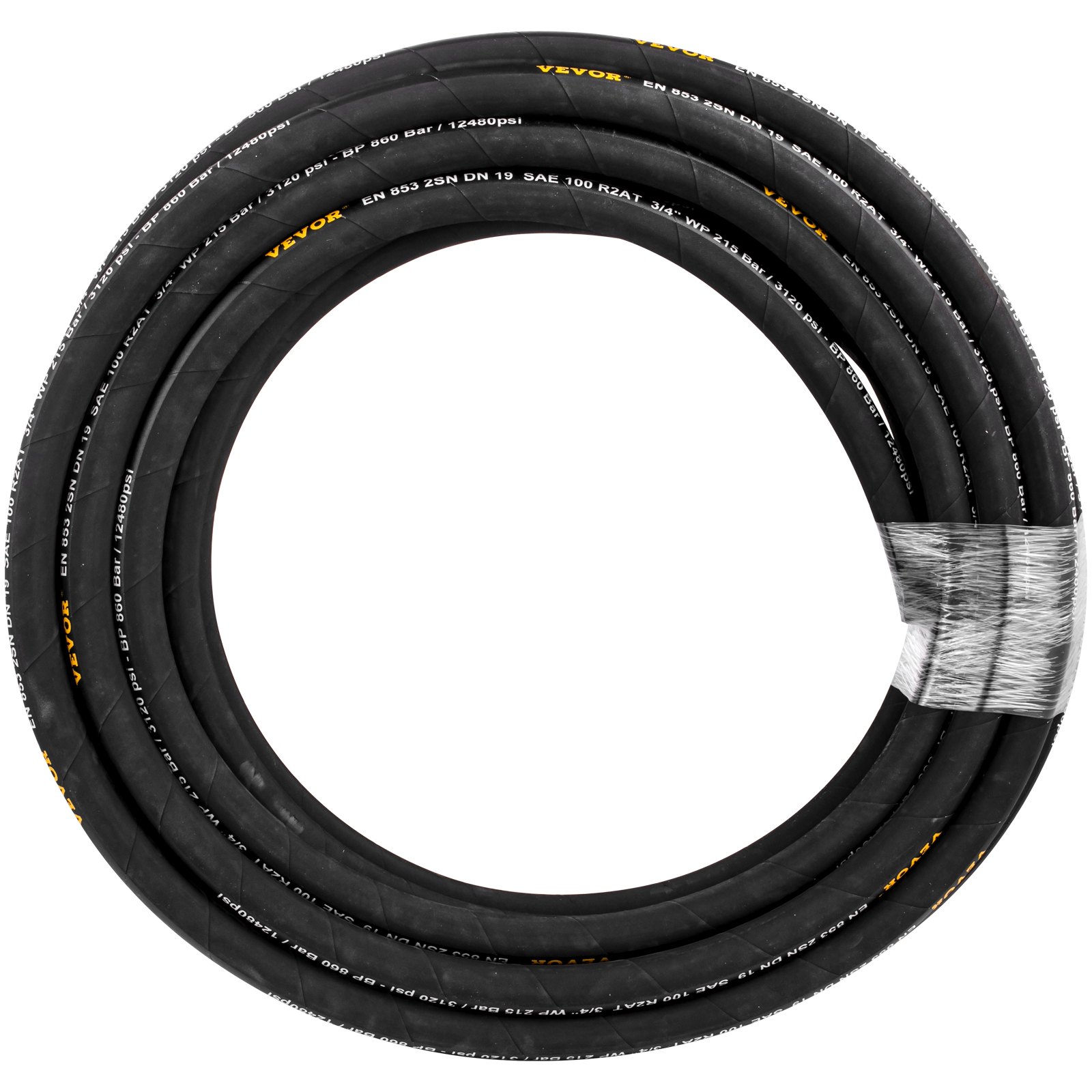 coiled black VEVOR hydraulic hose with yellow branding and white specifications text.