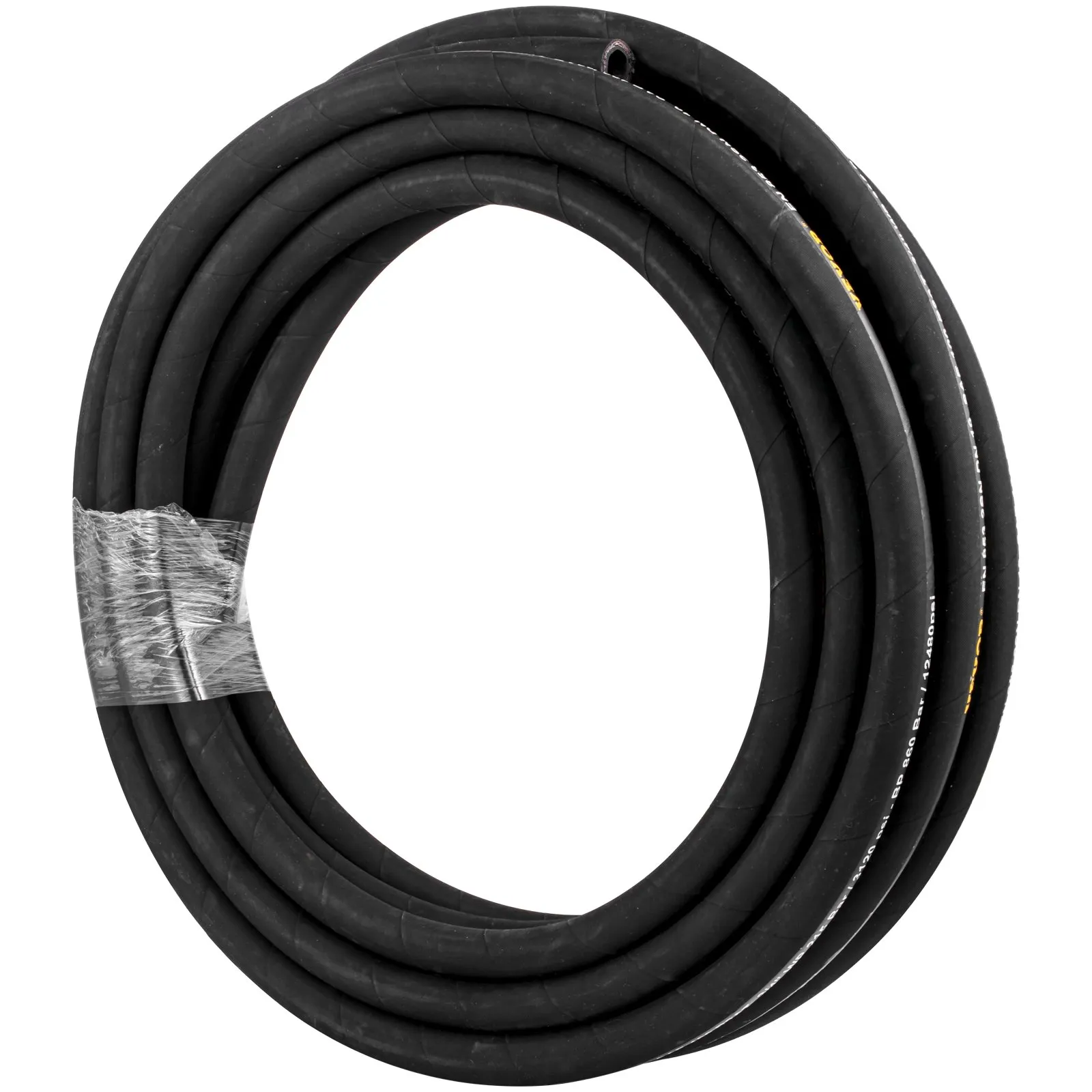 black coiled VEVOR hydraulic hose secured with tape for heavy-duty use.