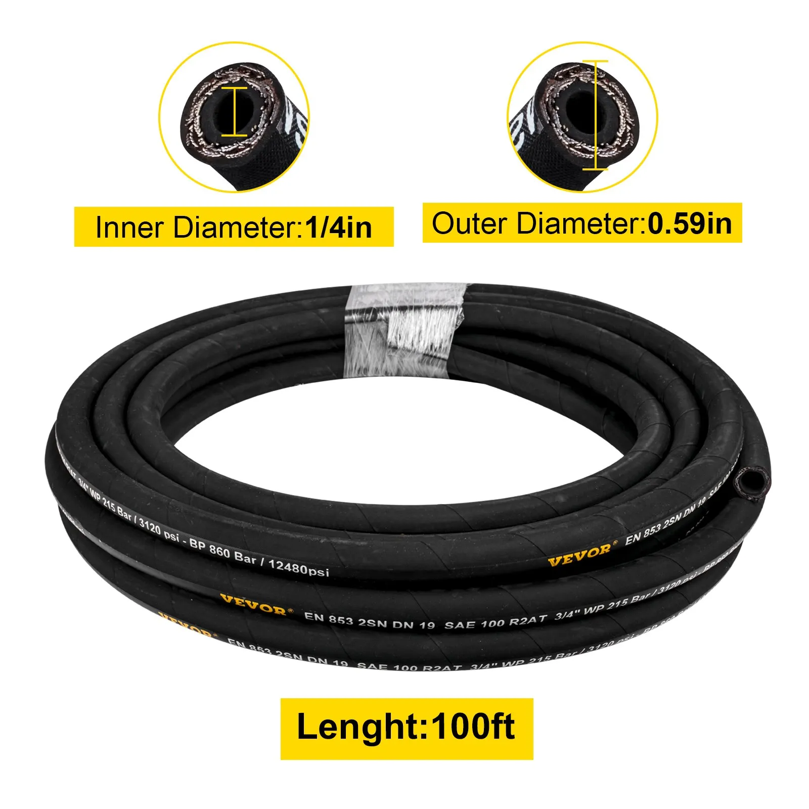 coiled black VEVOR hydraulic hose, 100ft length, 1/4in inner, 0.59in outer diameter.