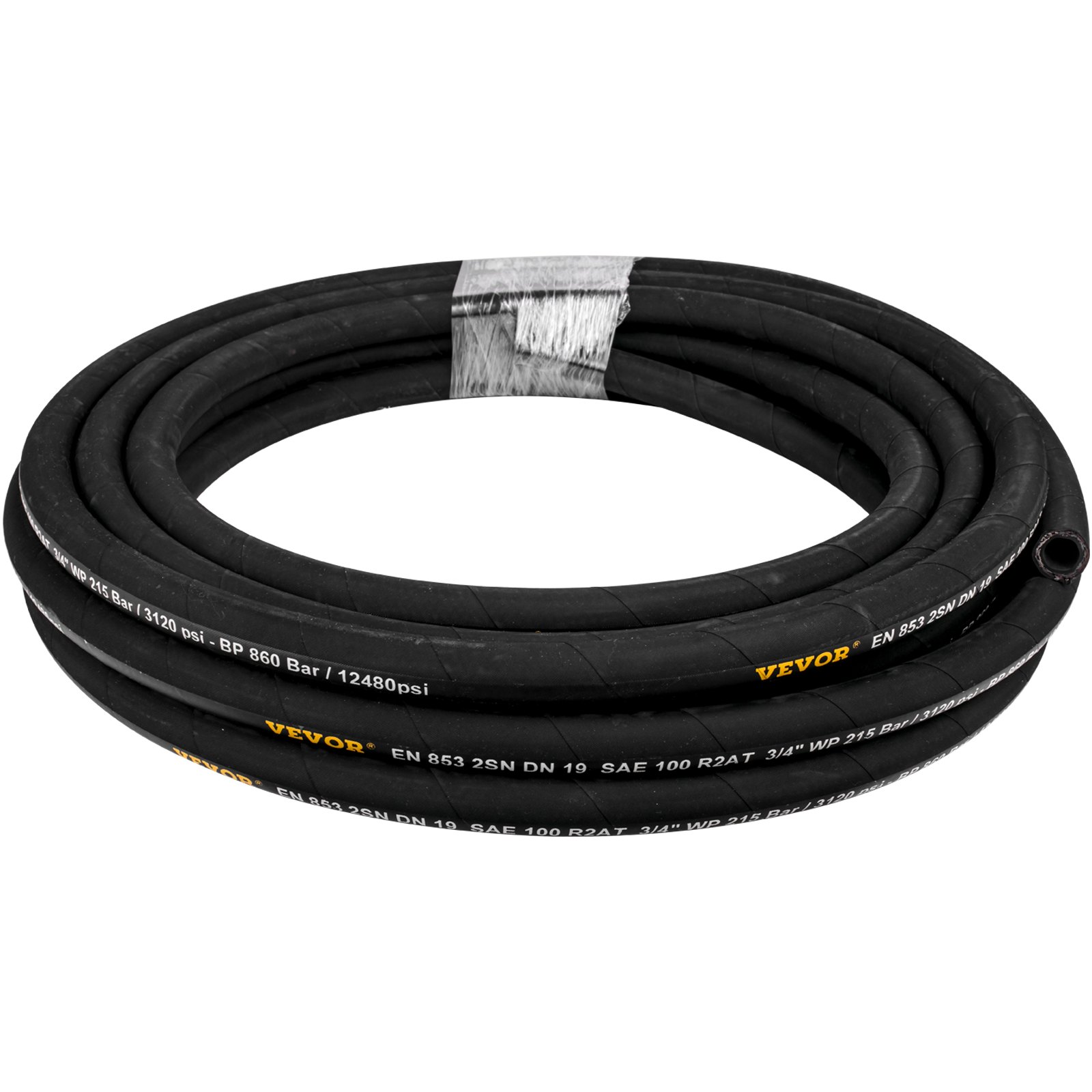 coiled black VEVOR hydraulic hose labeled with specifications and pressure ratings.
