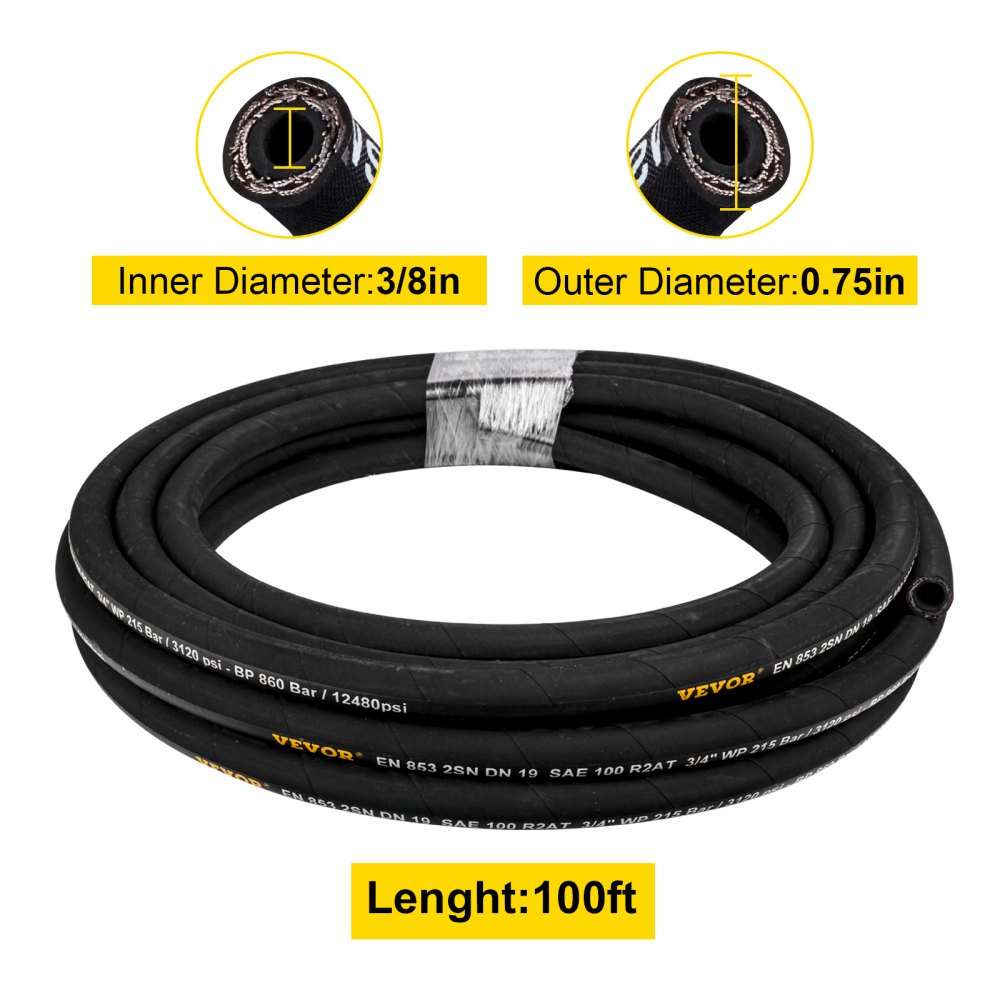 VEVOR hydraulic hose, 100ft, 3/8in inner diameter, 0.75in outer diameter