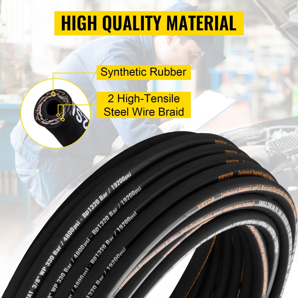 VEVOR Hydraulic Hose 3/8 inch x 100 ft, Coiled Hydraulic Hose 4800 PSI, Rubber Hydraulic Hose with 2 High-Tensile Steel Wire Braid, Bulk Hydraulic Hose -20°C to 140°C, Hydraulic Oil Flexible Hose