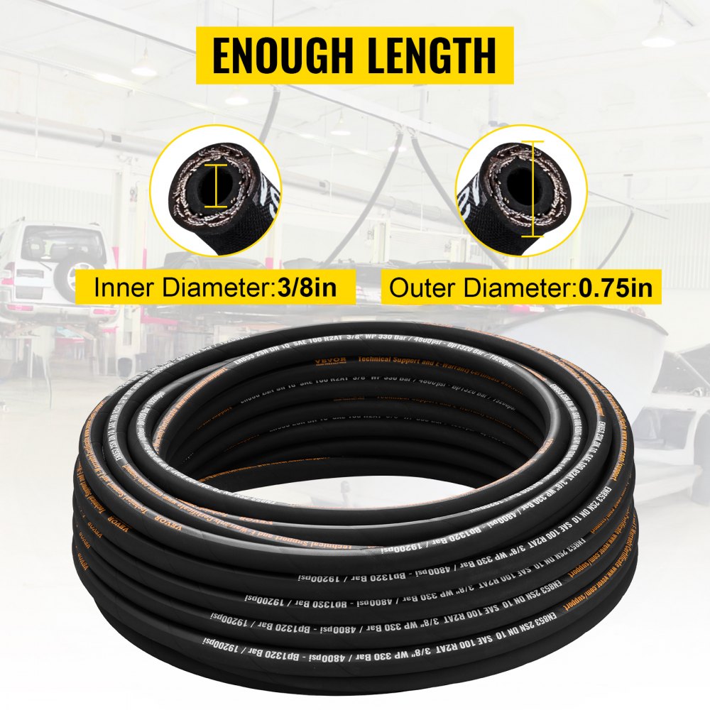 VEVOR Hydraulic Hose 3/8 inch x 100 ft, Coiled Hydraulic Hose 4800 PSI, Rubber Hydraulic Hose with 2 High-Tensile Steel Wire Braid, Bulk Hydraulic Hose -20°C to 140°C, Hydraulic Oil Flexible Hose