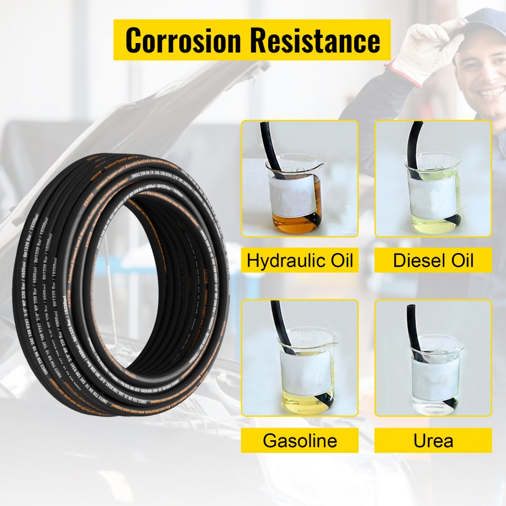 VEVOR Hydraulic Hose 3/8 inch x 100 ft, Coiled Hydraulic Hose 4800 PSI, Rubber Hydraulic Hose with 2 High-Tensile Steel Wire Braid, Bulk Hydraulic Hose -20°C to 140°C, Hydraulic Oil Flexible Hose