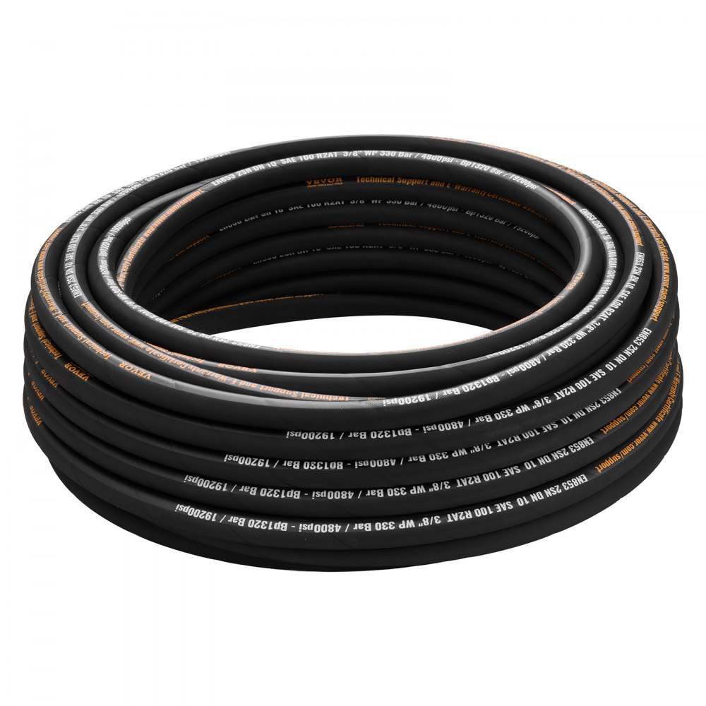 VEVOR Hydraulic Hose 3/8 inch x 100 ft, Coiled Hydraulic Hose 4800 PSI, Rubber Hydraulic Hose with 2 High-Tensile Steel Wire Braid, Bulk Hydraulic Hose -20°C to 140°C, Hydraulic Oil Flexible Hose