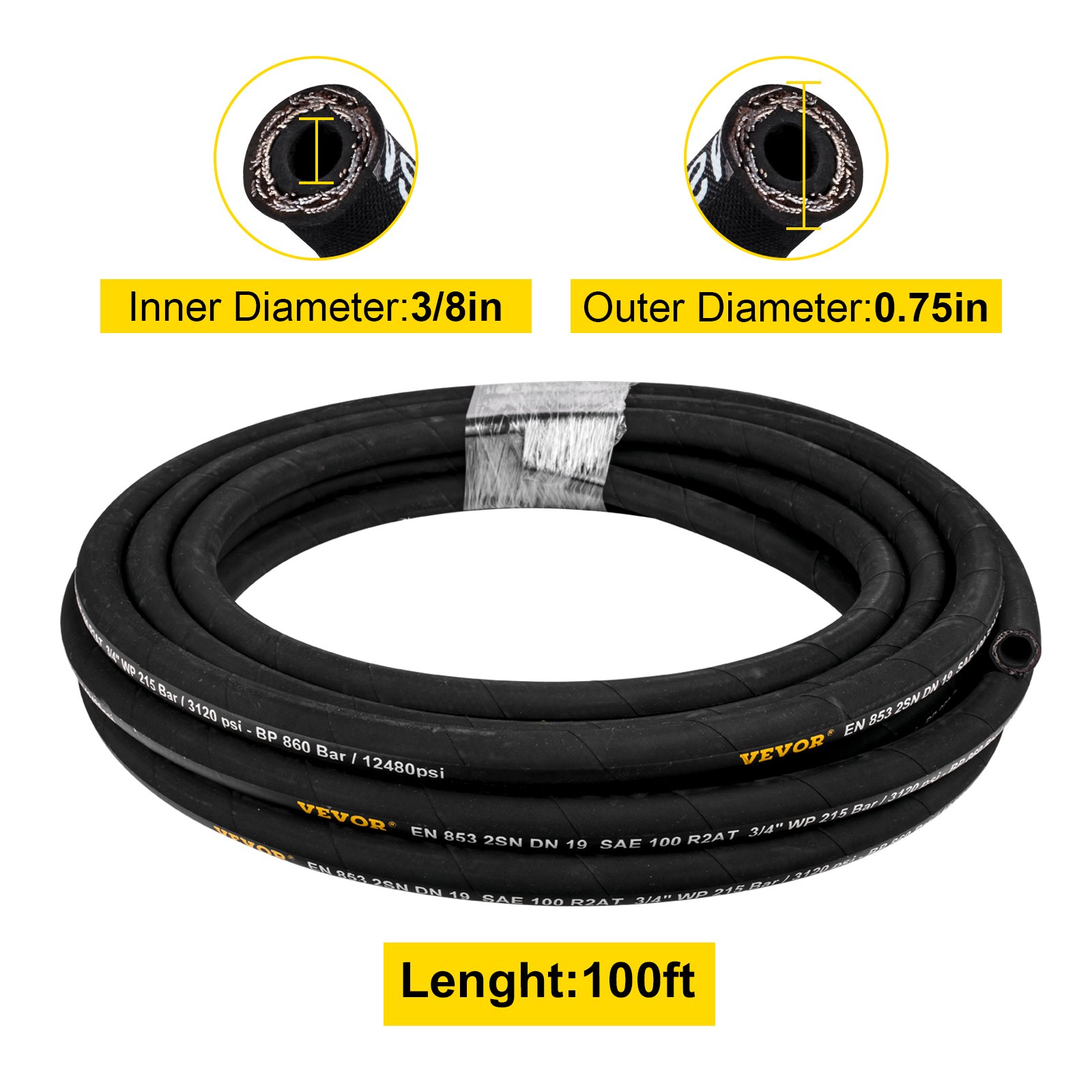 VEVOR hydraulic hose, 100ft, 3/8in inner diameter, 0.75in outer diameter