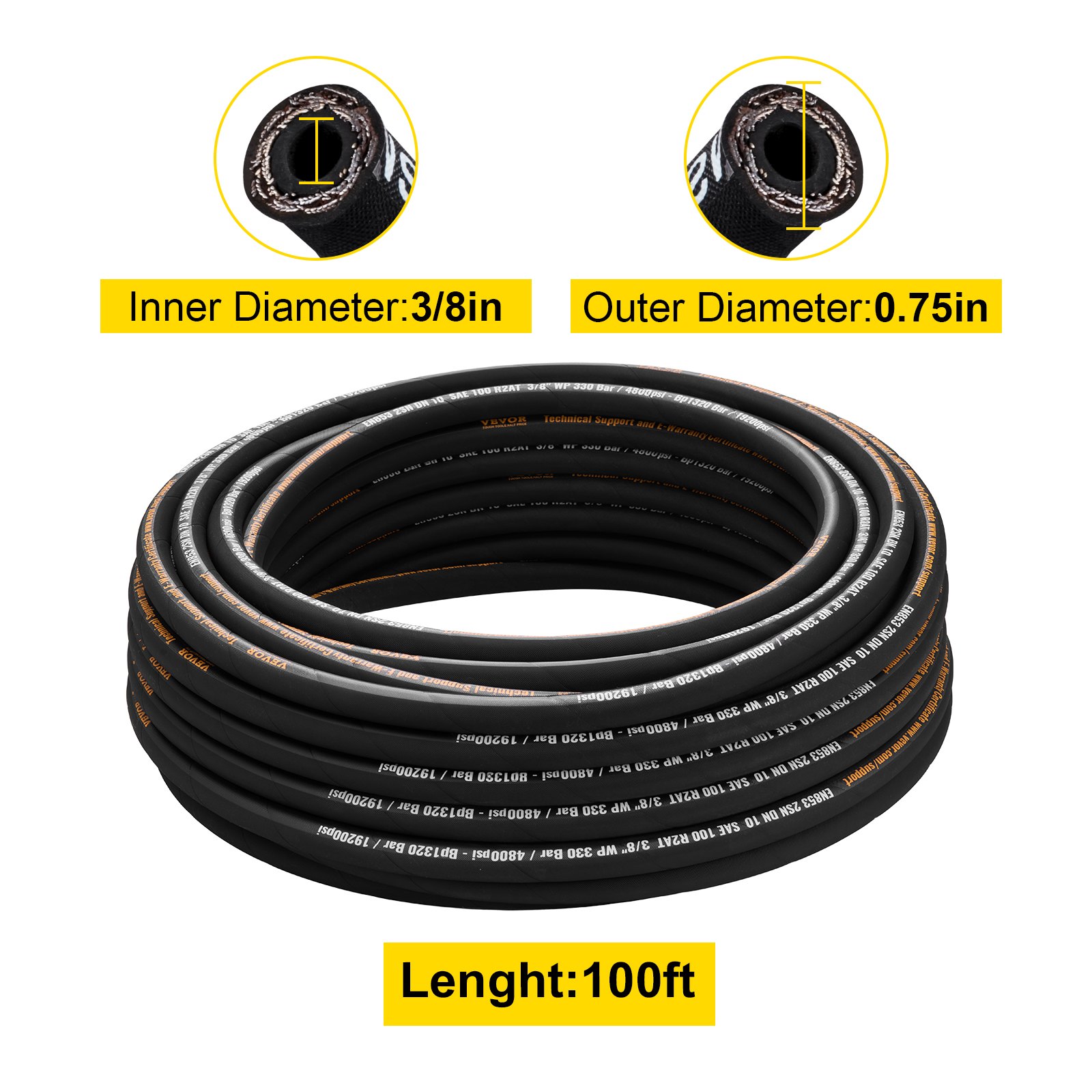 VEVOR Hydraulic Hose 3/8 inch x 100 ft, Coiled Hydraulic Hose 4800 PSI, Rubber Hydraulic Hose with 2 High-Tensile Steel Wire Braid, Bulk Hydraulic Hose -20°C to 140°C, Hydraulic Oil Flexible Hose