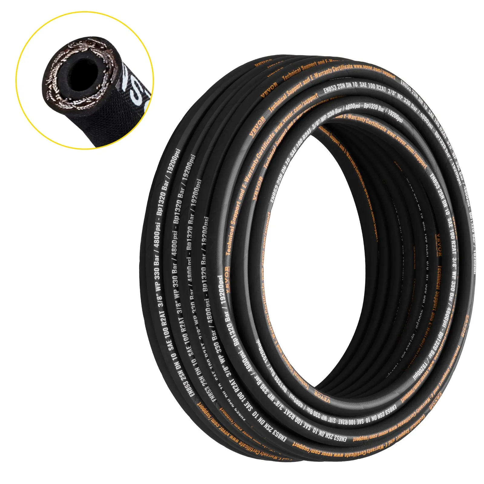 VEVOR Hydraulic Hose 3/8 inch x 100 ft, Coiled Hydraulic Hose 4800 PSI, Rubber Hydraulic Hose with 2 High-Tensile Steel Wire Braid, Bulk Hydraulic Hose -20°C to 140°C, Hydraulic Oil Flexible Hose