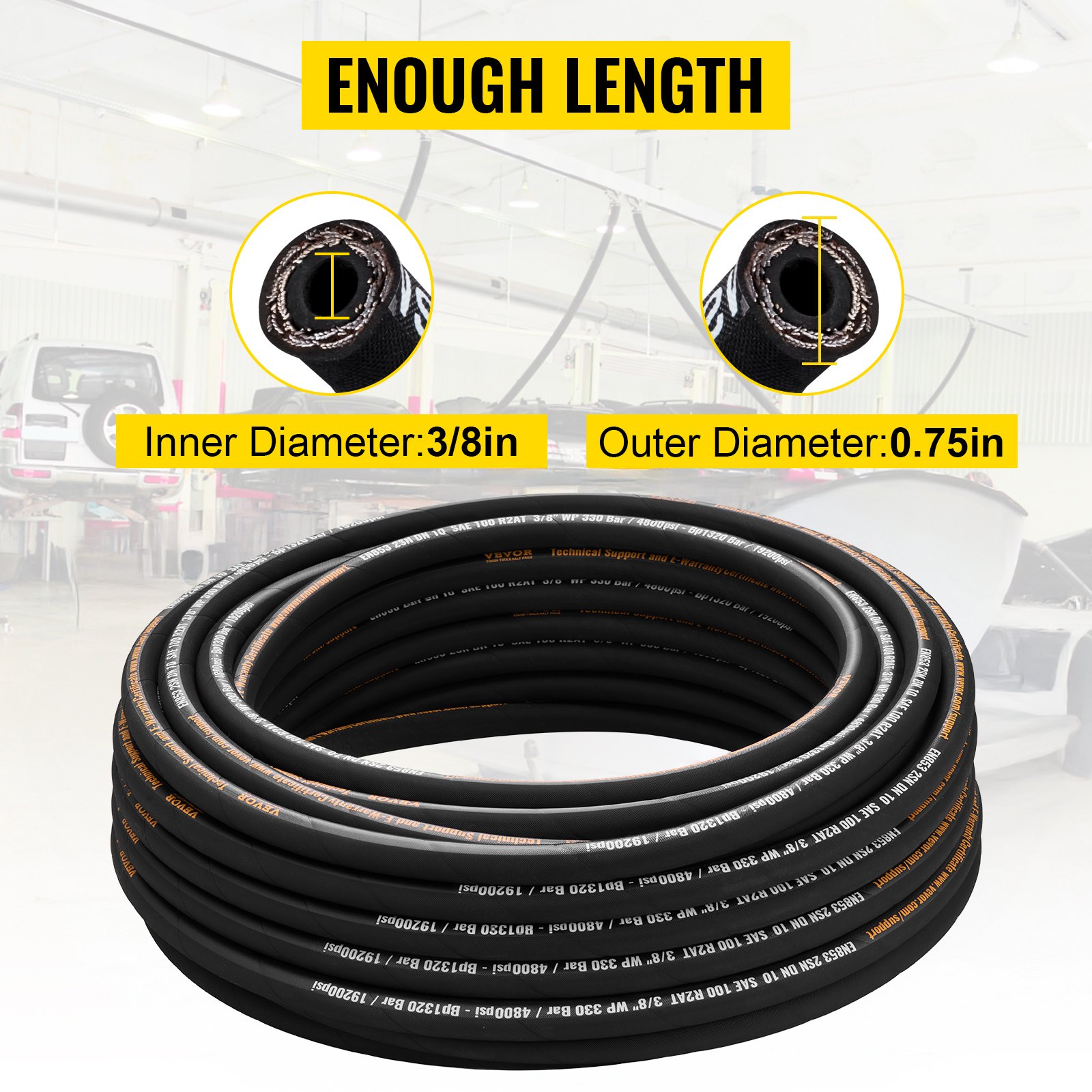VEVOR Hydraulic Hose 3/8 inch x 100 ft, Coiled Hydraulic Hose 4800 PSI, Rubber Hydraulic Hose with 2 High-Tensile Steel Wire Braid, Bulk Hydraulic Hose -20°C to 140°C, Hydraulic Oil Flexible Hose