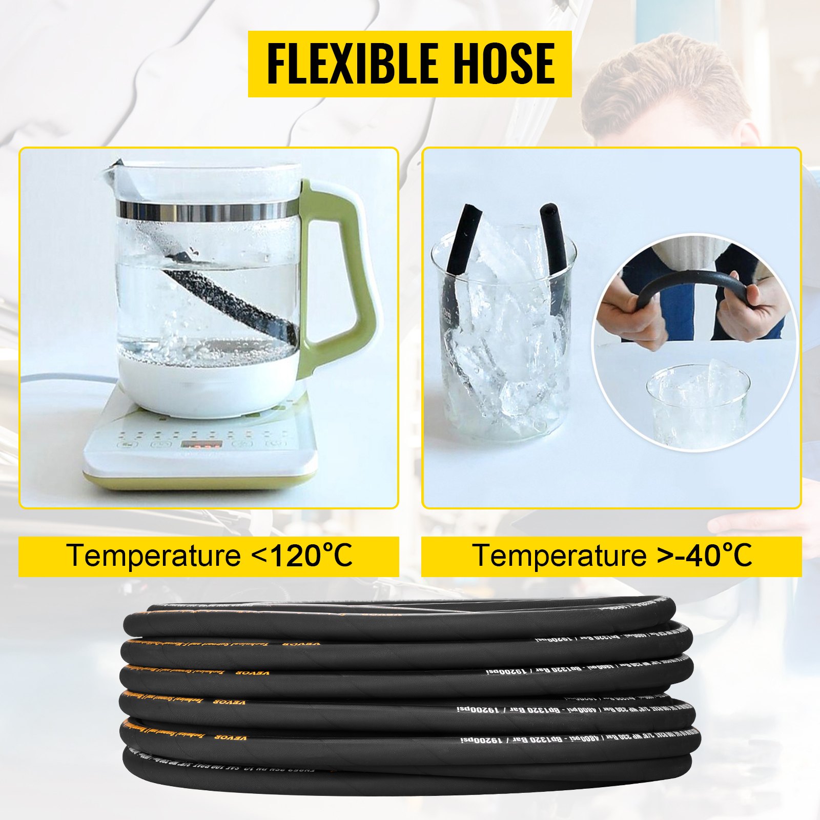 VEVOR Hydraulic Hose 3/8 inch x 100 ft, Coiled Hydraulic Hose 4800 PSI, Rubber Hydraulic Hose with 2 High-Tensile Steel Wire Braid, Bulk Hydraulic Hose -20°C to 140°C, Hydraulic Oil Flexible Hose