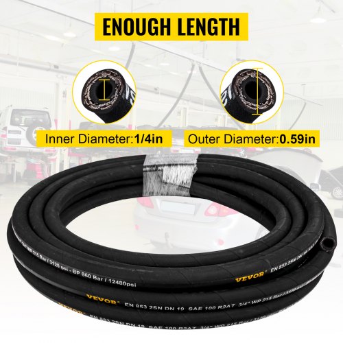 VEVOR Hydraulic Hose 1/4 inch x 50 ft, Coiled Hydraulic Hose 5800 PSI, Rubber Hydraulic Hose with 2 High-Tensile Steel Wire Braid, Bulk Hydraulic Hose -20°C to 140°C, Hydraulic Oil Flexible Hose