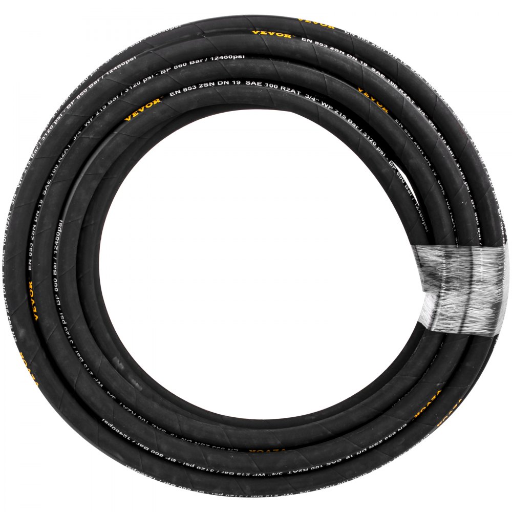 VEVOR hydraulic hose coiled in black with white text and yellow branding.