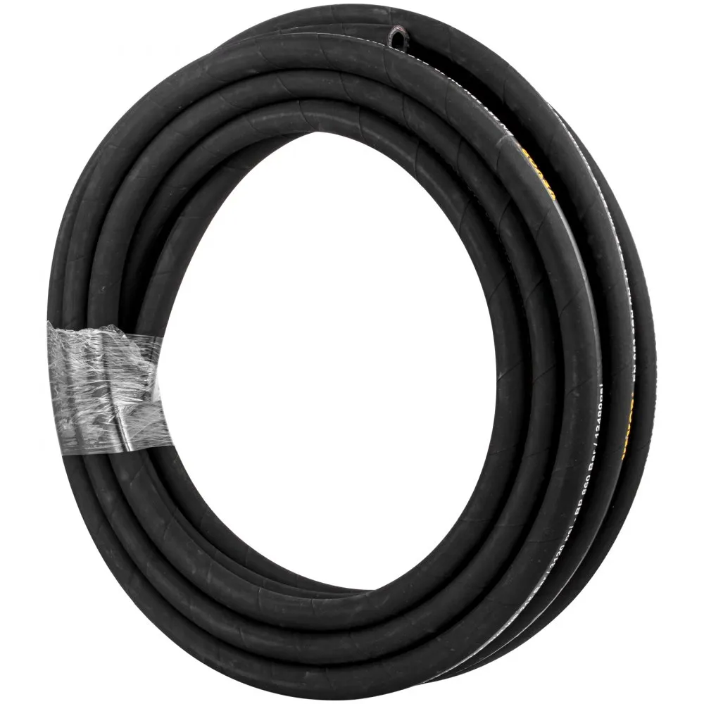 coiled VEVOR hydraulic hose secured with plastic wrap.