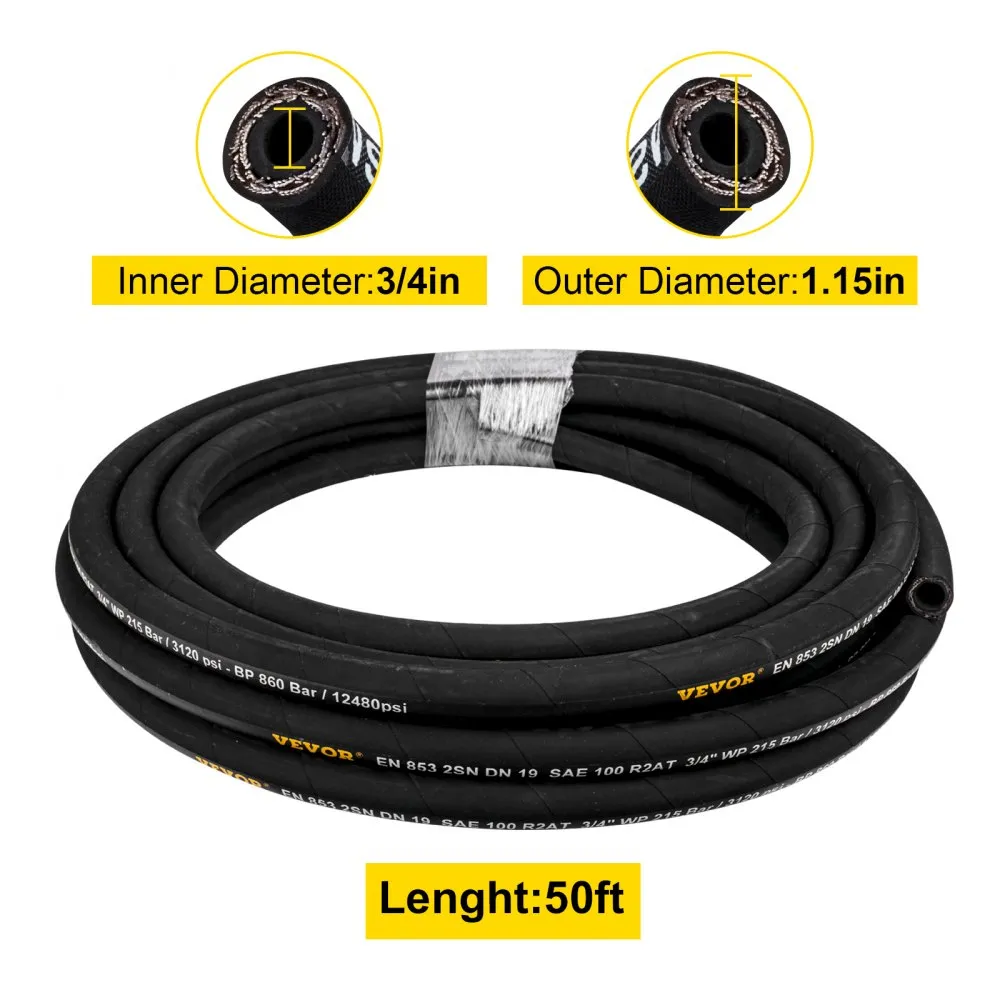 VEVOR hydraulic hose, 50ft length, 3/4in inner diameter, 1.15in outer diameter.
