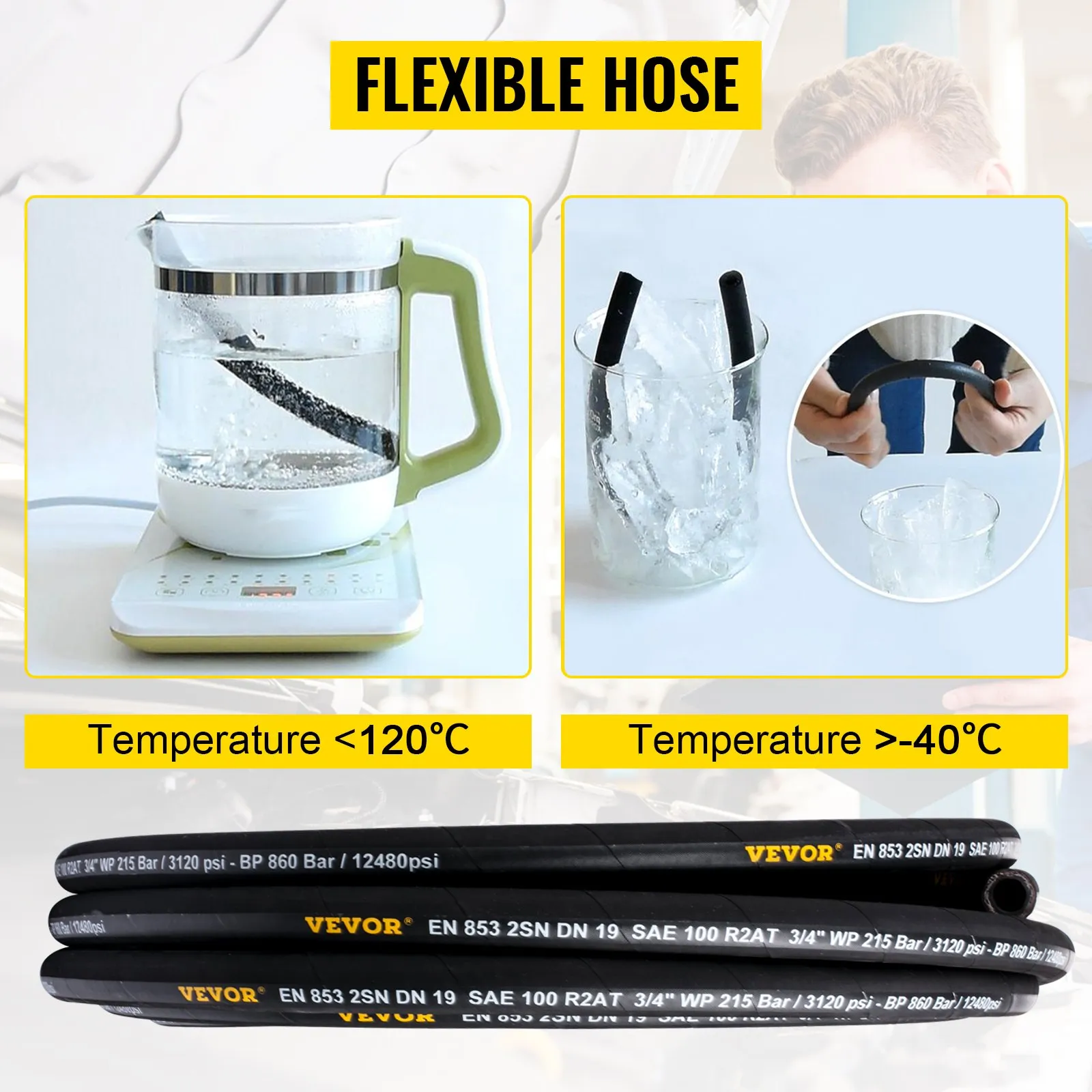 flexible VEVOR hydraulic hose for extreme temperatures, shown in hot and cold conditions.