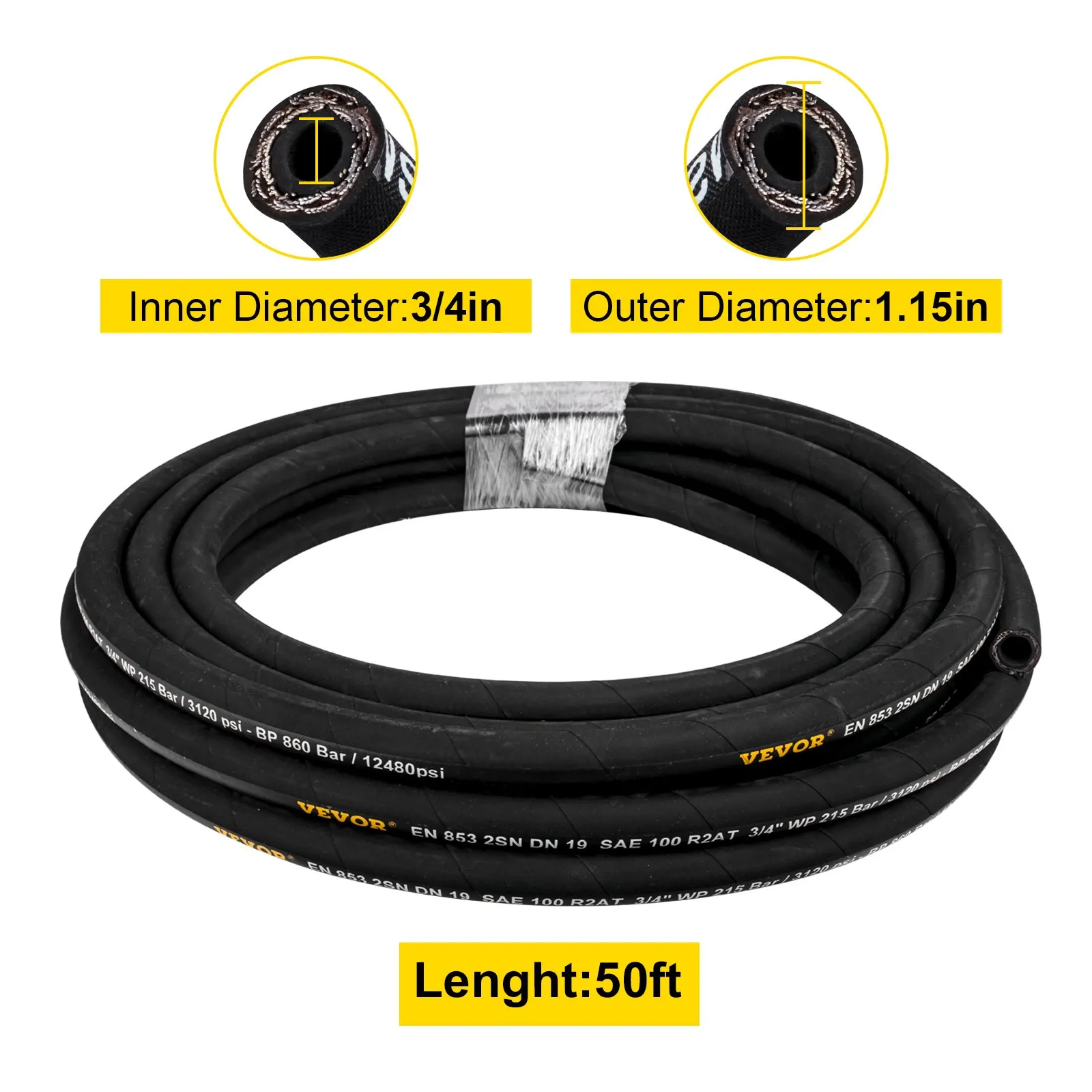 VEVOR hydraulic hose, 50ft length, 3/4in inner diameter, 1.15in outer diameter.