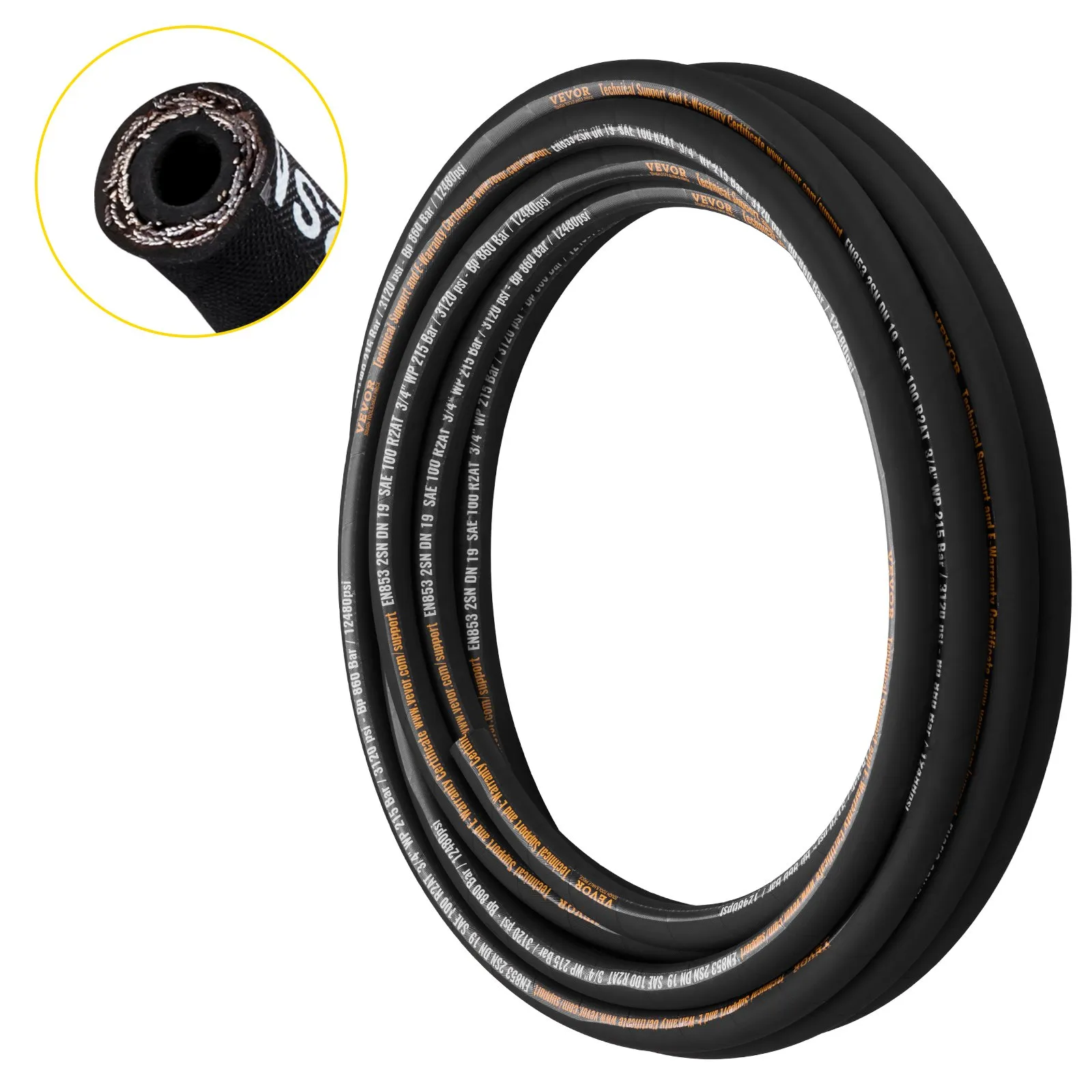 VEVOR Hydraulic Hose 3/4 inch x 50 ft, Coiled Hydraulic Hose 3120 PSI, Rubber Hydraulic Hose with 2 High-Tensile Steel Wire Braid, Bulk Hydraulic Hose -20℃ to 140℃, Hydraulic Oil Flexible Hose