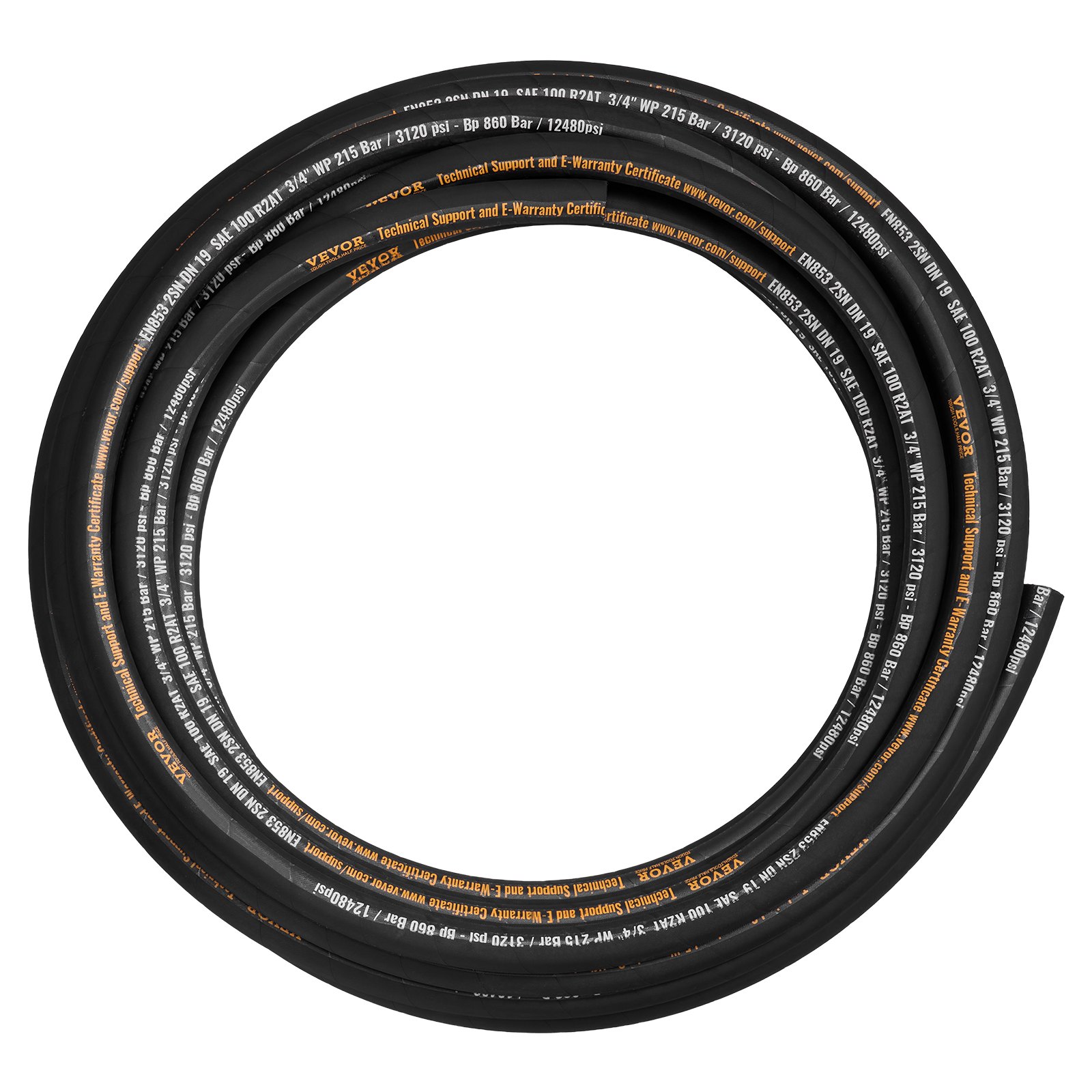 VEVOR Hydraulic Hose 3/4 inch x 50 ft, Coiled Hydraulic Hose 3120 PSI, Rubber Hydraulic Hose with 2 High-Tensile Steel Wire Braid, Bulk Hydraulic Hose -20℃ to 140℃, Hydraulic Oil Flexible Hose