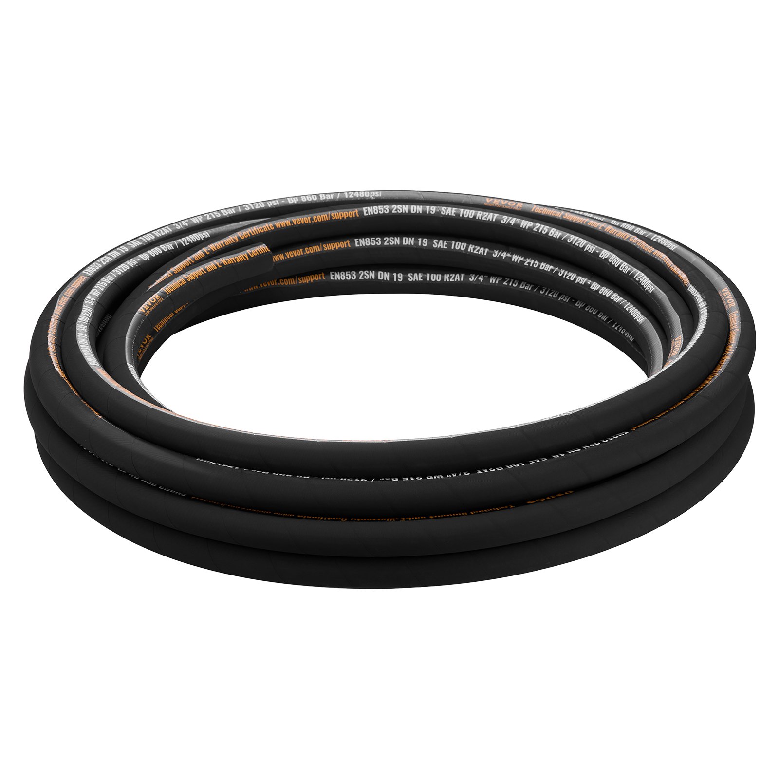 VEVOR Hydraulic Hose 3/4 inch x 50 ft, Coiled Hydraulic Hose 3120 PSI, Rubber Hydraulic Hose with 2 High-Tensile Steel Wire Braid, Bulk Hydraulic Hose -20℃ to 140℃, Hydraulic Oil Flexible Hose