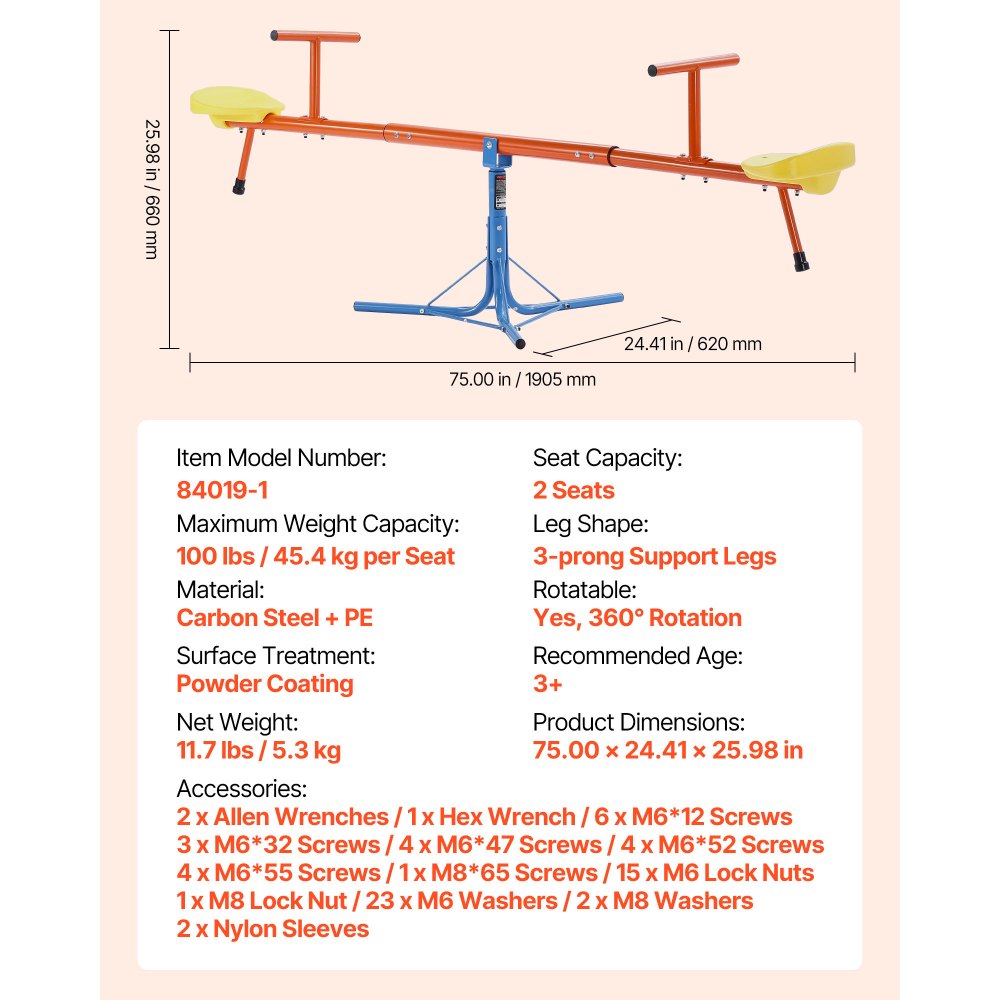 VEVOR Kids Seesaw, 45.4 kg Load Capacity per Seat, Sit and Spin Teeter Totter with 3-prong Support Legs, Kids Outdoor Playground Equipment, Swiveling 360 Degrees Rotating for Children Aged 3+