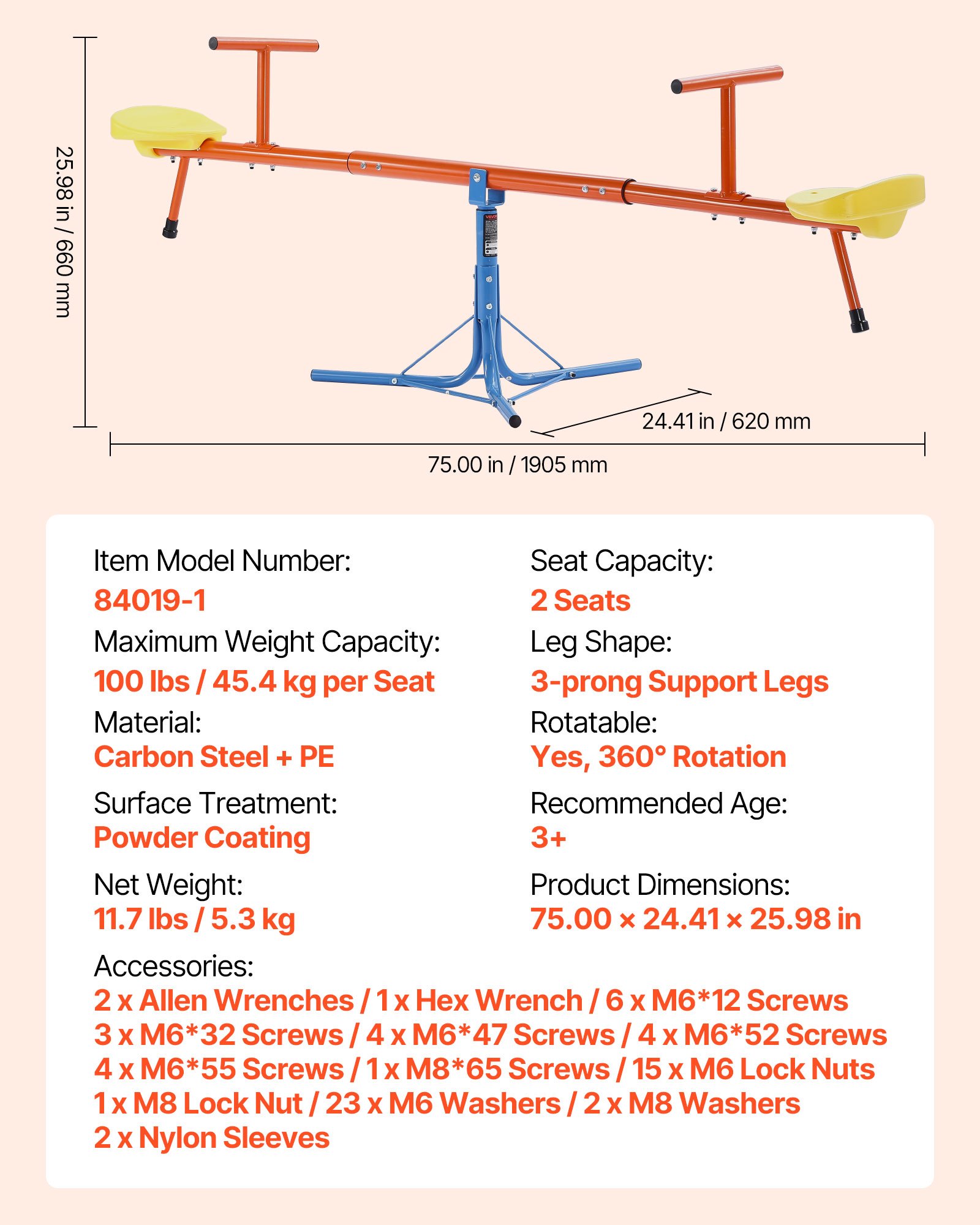 VEVOR Kids Seesaw, 45.4 kg Load Capacity per Seat, Sit and Spin Teeter Totter with 3-prong Support Legs, Kids Outdoor Playground Equipment, Swiveling 360 Degrees Rotating for Children Aged 3+