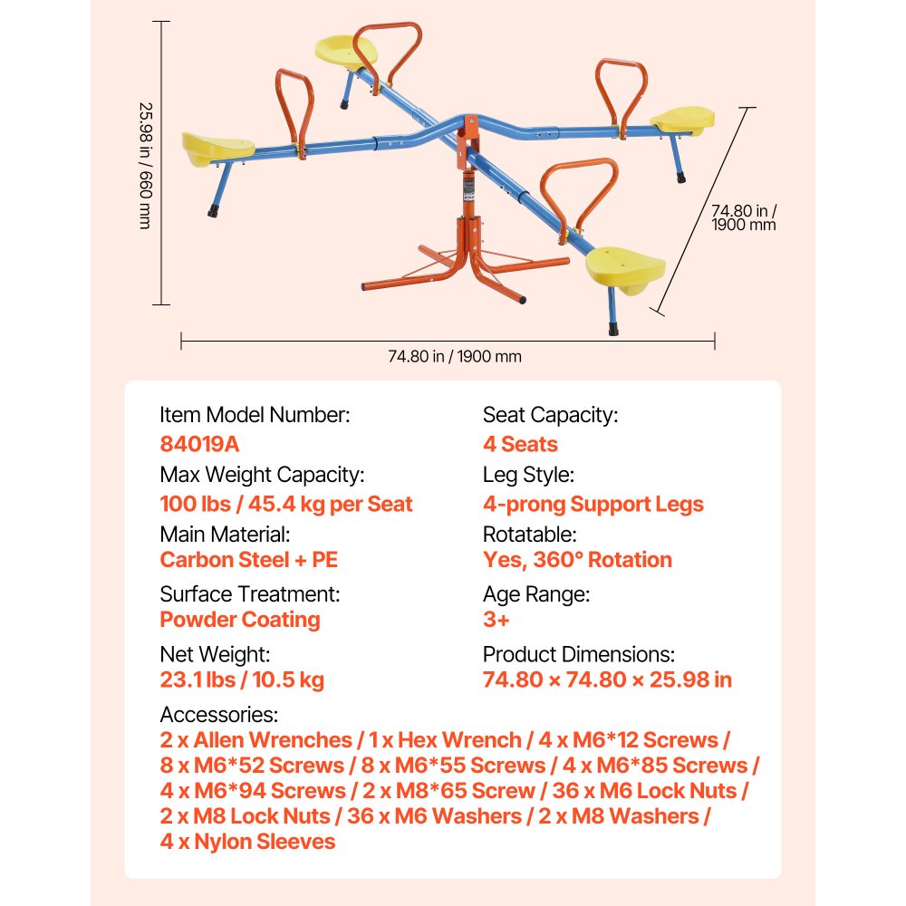 VEVOR Kids Seesaw, 49.9 kg Load Capacity per Seat, Sit and Spin Teeter Totter with 4-prong Support Legs, Kids Outdoor Playground Equipment, Swiveling 360 Degrees Rotating for Children Aged 3+, 4 Seats