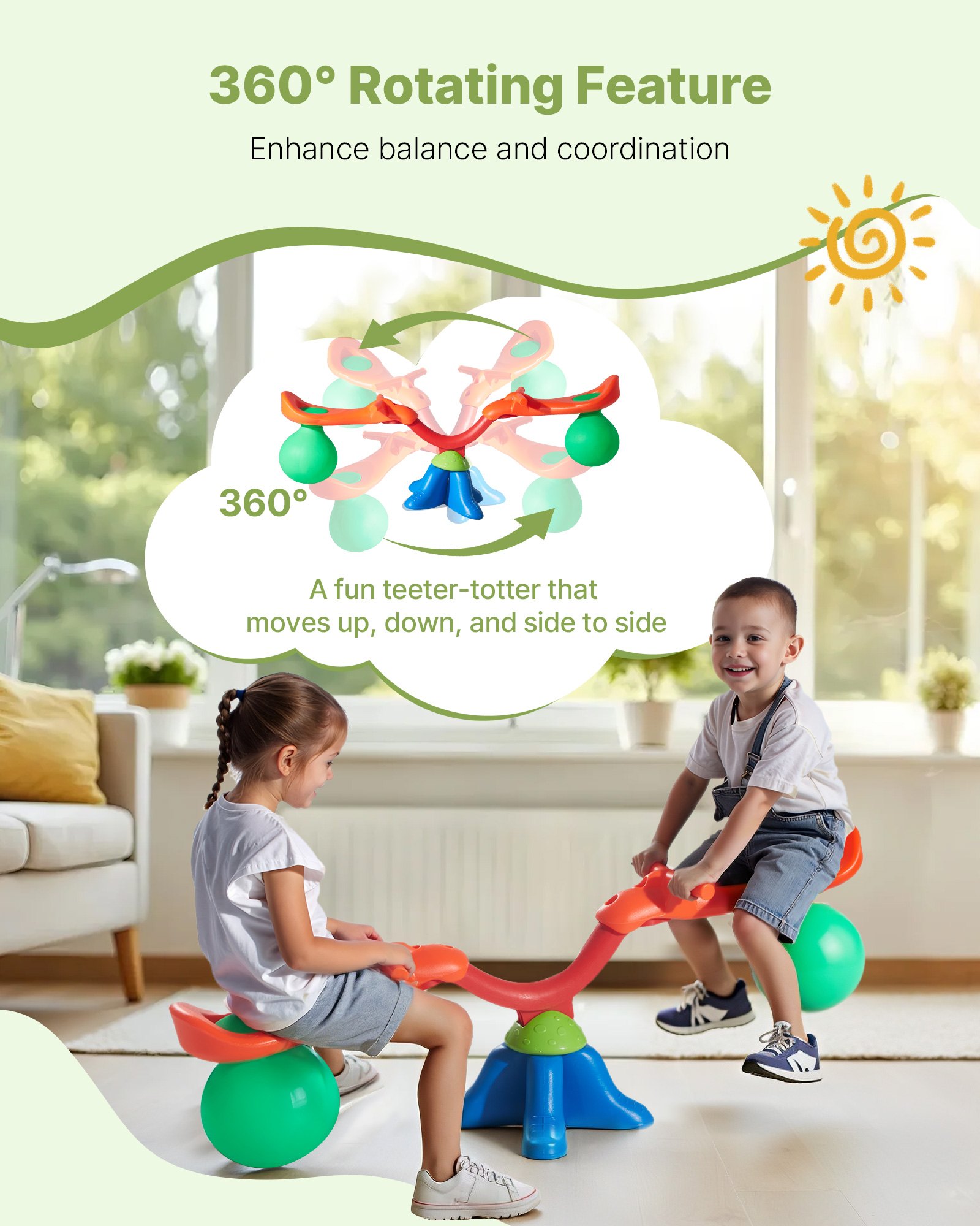 VEVOR Kids Seesaw, 24.95 kg Load Capacity per Seat, Sit and Spin Teeter Totter with Handles, Kids Outdoor Playground Equipment, Swiveling 360 Degrees Rotating for Children Aged 3+, Multi Colored