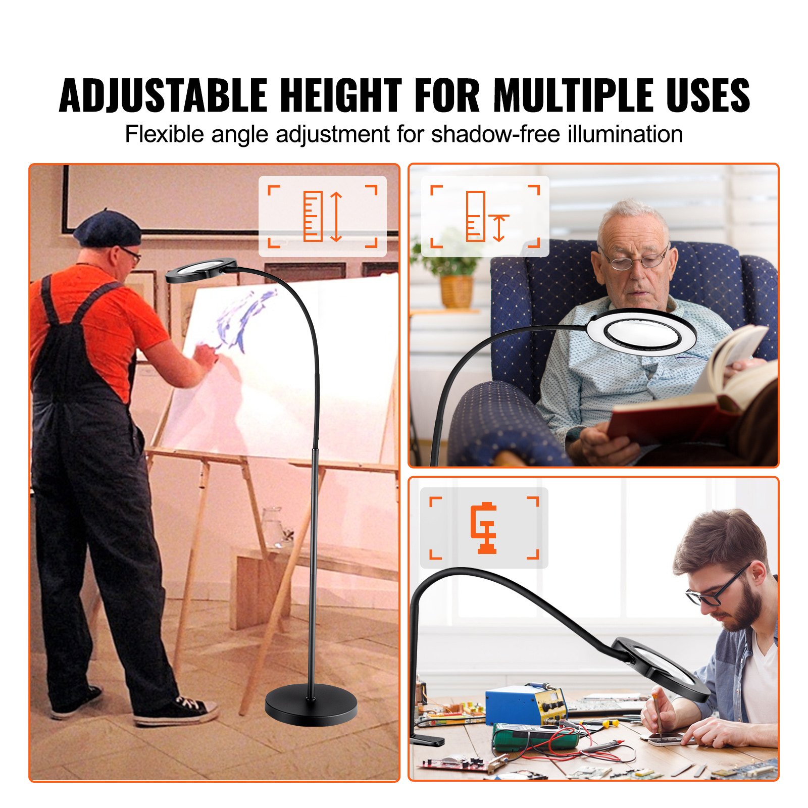 VEVOR Magnifying Floor Lamp, 5X Standing Magnifying Glass with Light, Height Adjustable Floor Magnifier with Light, Flexible Gooseneck, 3-in-1 LED 5 Color Modes Stepless Dimmable, for Reading Craft