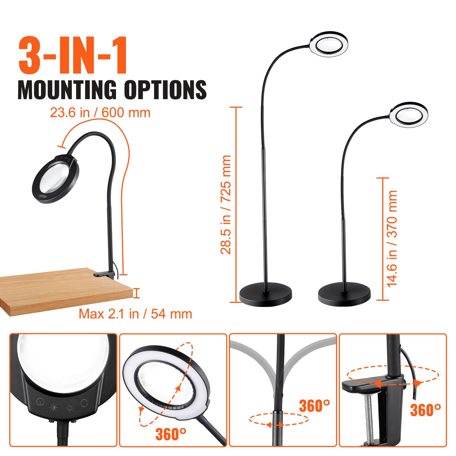 VEVOR Magnifying Floor Lamp, 5X Standing Magnifying Glass with Light, Height Adjustable Floor Magnifier with Light, Flexible Gooseneck, 3-in-1 LED 5 Color Modes Stepless Dimmable, for Reading Craft