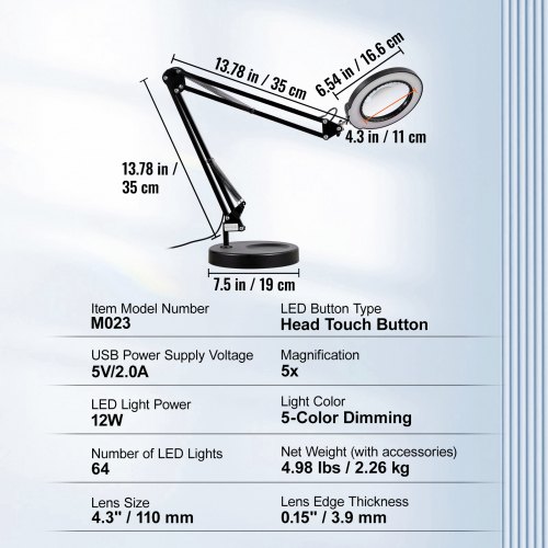 2 Lampes De Bureau à Clip Avec Loupe 5X - 48 LED - 3 Modes De Lumière - Alimentation USB - Réglable 360° - 7