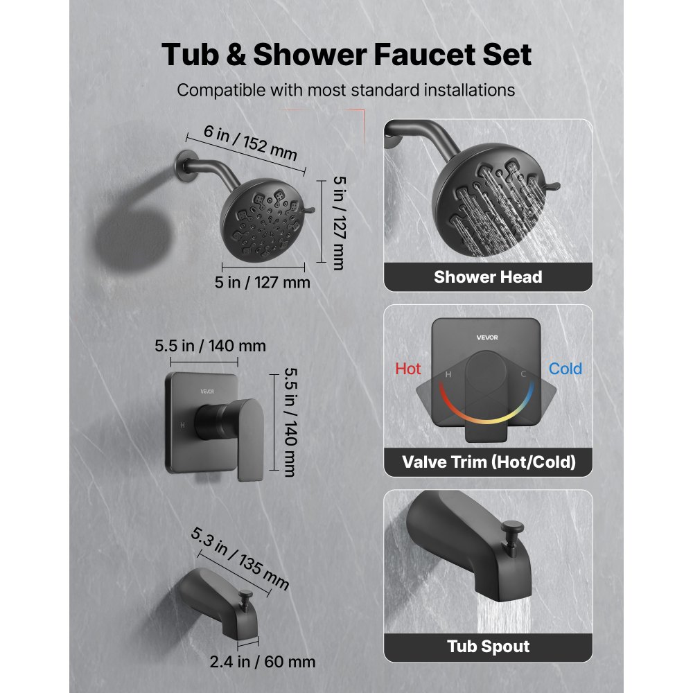 VEVOR Tub and Shower Faucet Set, 127 mm Rainfall Shower Head and Bathtub Spout, Complete Single-Handle Tub Trim Kit with Brass Pressure Balancing Valve, 8-Setting Adjustable Spray Modes, Matte Black