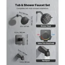 VEVOR Tub and Shower Faucet Set, 5-Inch Rainfall Shower Head and Bathtub Spout, Complete Single-Handle Tub Trim Kit with Brass Pressure Balancing Valve, 8-Setting Adjustable Spray Modes, Matte Black