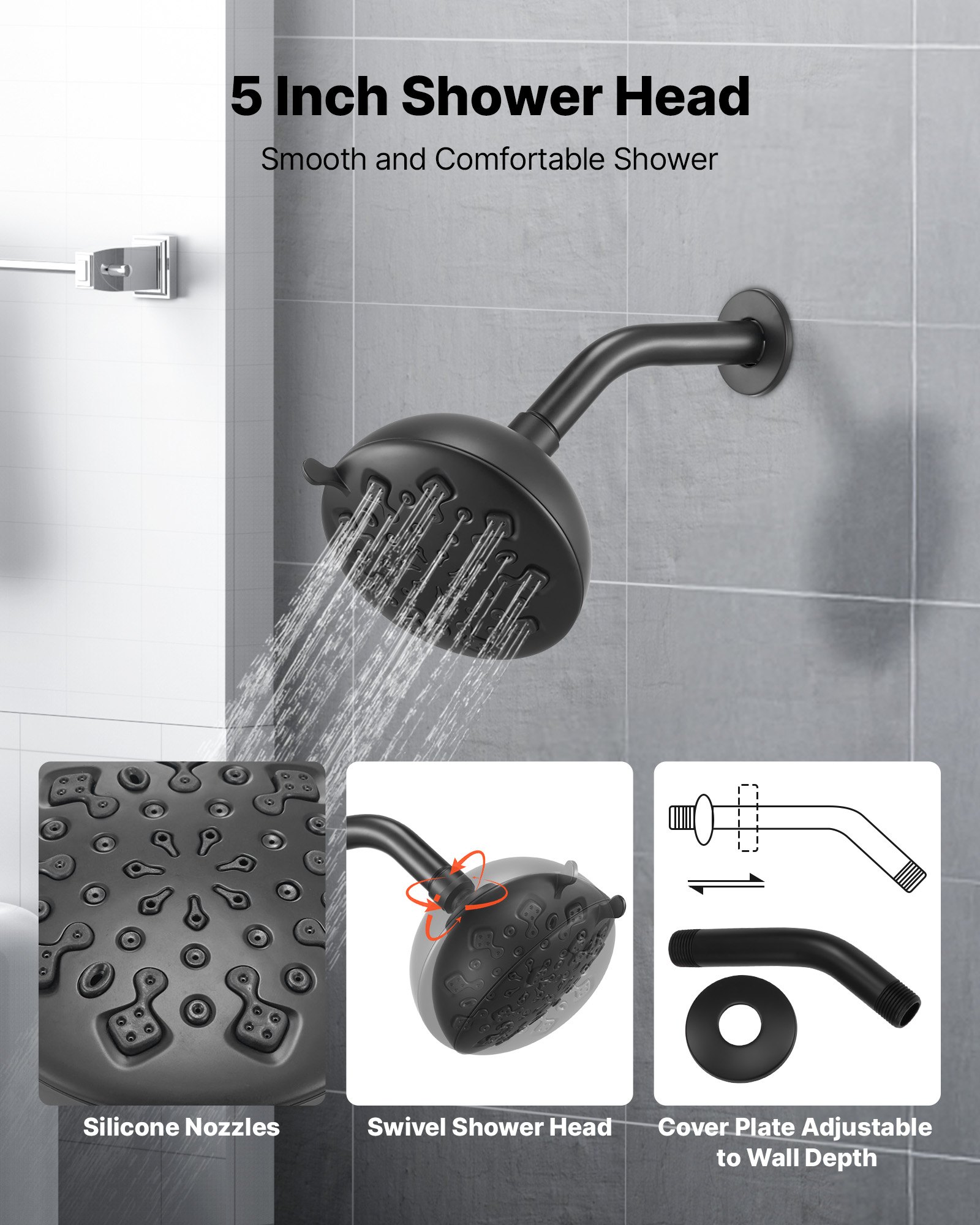 VEVOR Tub and Shower Faucet Set, 127 mm Rainfall Shower Head and Bathtub Spout, Complete Single-Handle Tub Trim Kit with Brass Pressure Balancing Valve, 8-Setting Adjustable Spray Modes, Matte Black