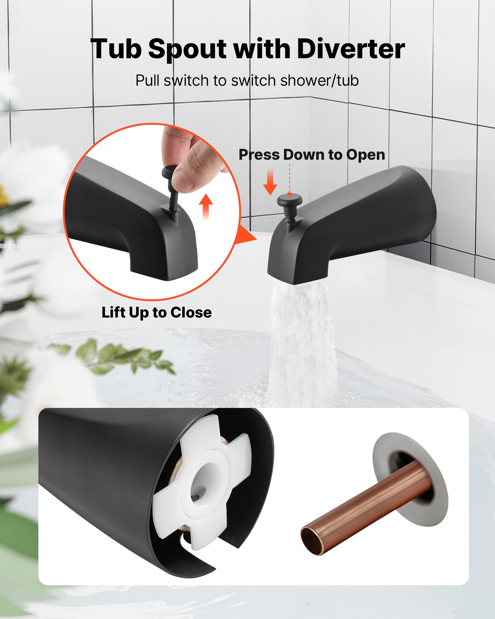 VEVOR Tub and Shower Faucet Set, 127 mm Rainfall Shower Head and Bathtub Spout, Complete Single-Handle Tub Trim Kit with Brass Pressure Balancing Valve, 8-Setting Adjustable Spray Modes, Matte Black