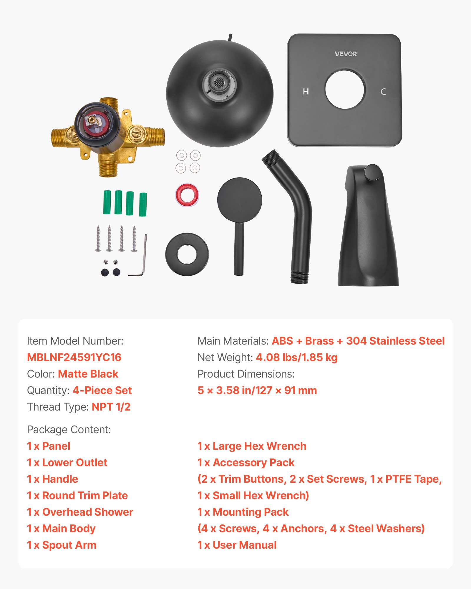 VEVOR Tub and Shower Faucet Set, 127 mm Rainfall Shower Head and Bathtub Spout, Complete Single-Handle Tub Trim Kit with Brass Pressure Balancing Valve, 8-Setting Adjustable Spray Modes, Matte Black