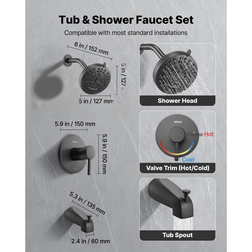 VEVOR Tub and Shower Faucet Set, Complete with 127 mm Rainfall Shower Head and Bathtub Spout, 8-Setting Adjustable Spray, Single-Handle Tub Trim Kit with Brass Pressure Balancing Valve, Matte Black
