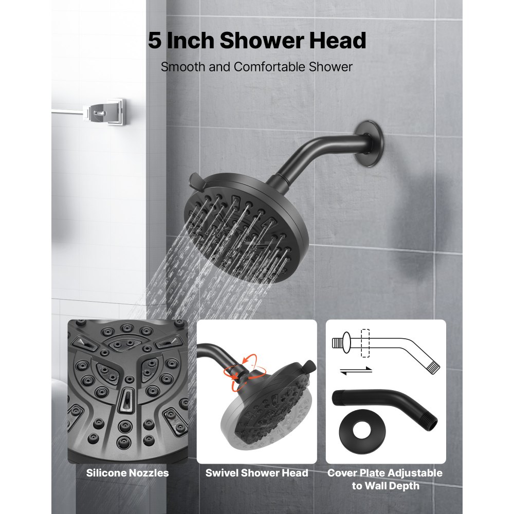 VEVOR Tub and Shower Faucet Set, Complete with 127 mm Rainfall Shower Head and Bathtub Spout, 8-Setting Adjustable Spray, Single-Handle Tub Trim Kit with Brass Pressure Balancing Valve, Matte Black