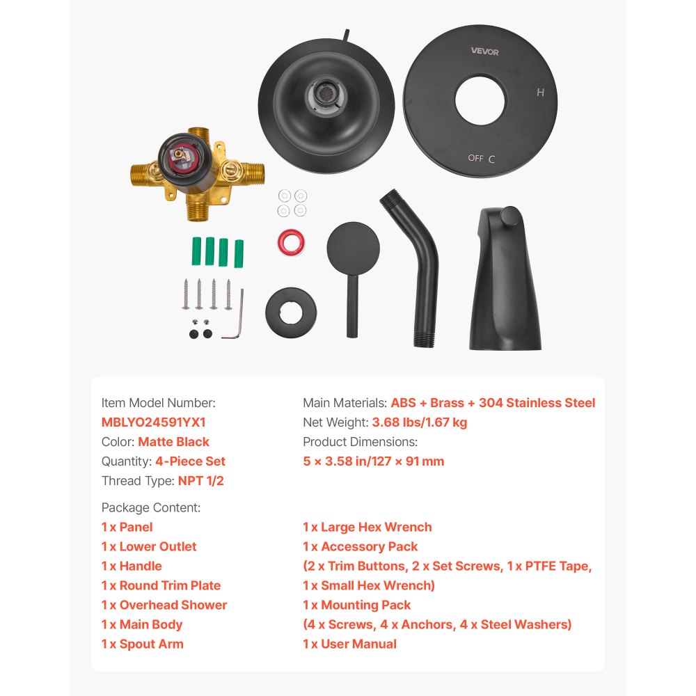 VEVOR Tub and Shower Faucet Set, Complete with 127 mm Rainfall Shower Head and Bathtub Spout, 8-Setting Adjustable Spray, Single-Handle Tub Trim Kit with Brass Pressure Balancing Valve, Matte Black