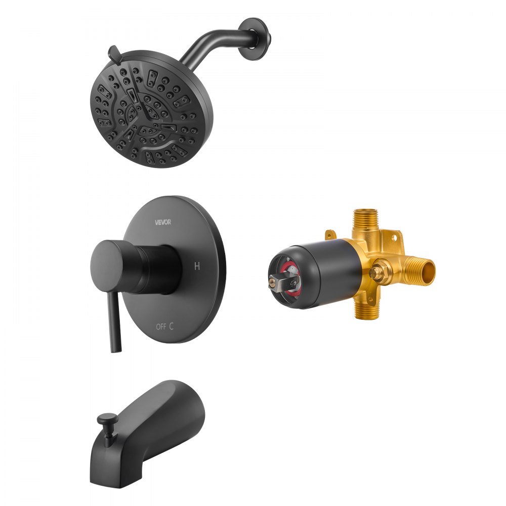VEVOR Tub and Shower Faucet Set, Complete with 127 mm Rainfall Shower Head and Bathtub Spout, 8-Setting Adjustable Spray, Single-Handle Tub Trim Kit with Brass Pressure Balancing Valve, Matte Black