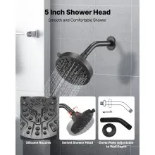 VEVOR Tub and Shower Faucet Set, Complete with 5-Inch Rainfall Shower Head and Bathtub Spout, 8-Setting Adjustable Spray, Single-Handle Tub Trim Kit with Brass Pressure Balancing Valve, Matte Black