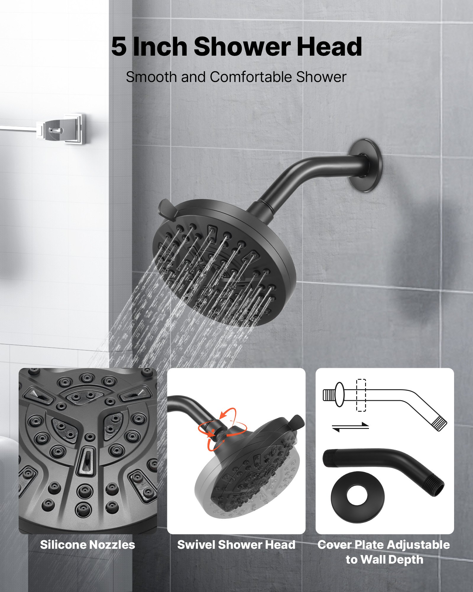 VEVOR Tub and Shower Faucet Set, Complete with 127 mm Rainfall Shower Head and Bathtub Spout, 8-Setting Adjustable Spray, Single-Handle Tub Trim Kit with Brass Pressure Balancing Valve, Matte Black
