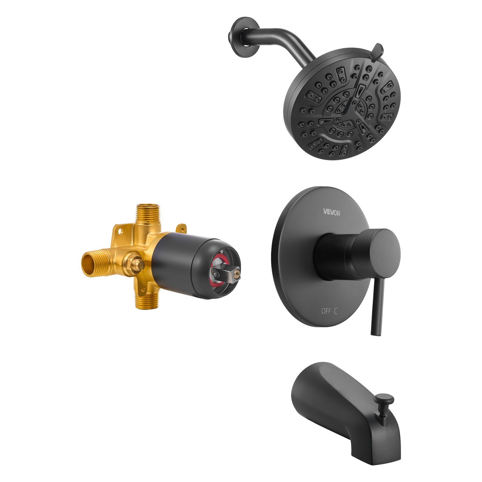 VEVOR Tub and Shower Faucet Set, Complete with 127 mm Rainfall Shower Head and Bathtub Spout, 8-Setting Adjustable Spray, Single-Handle Tub Trim Kit with Brass Pressure Balancing Valve, Matte Black