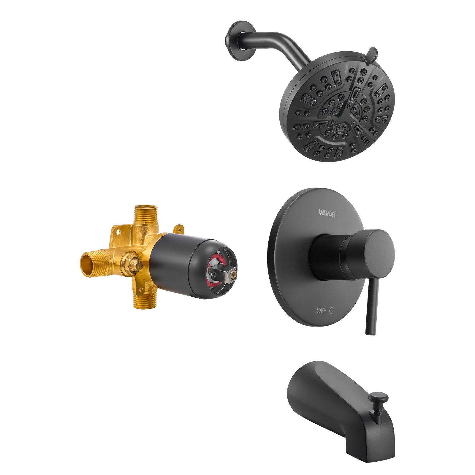 VEVOR Tub and Shower Faucet Set, Complete with 127 mm Rainfall Shower Head and Bathtub Spout, 8-Setting Adjustable Spray, Single-Handle Tub Trim Kit with Brass Pressure Balancing Valve, Matte Black