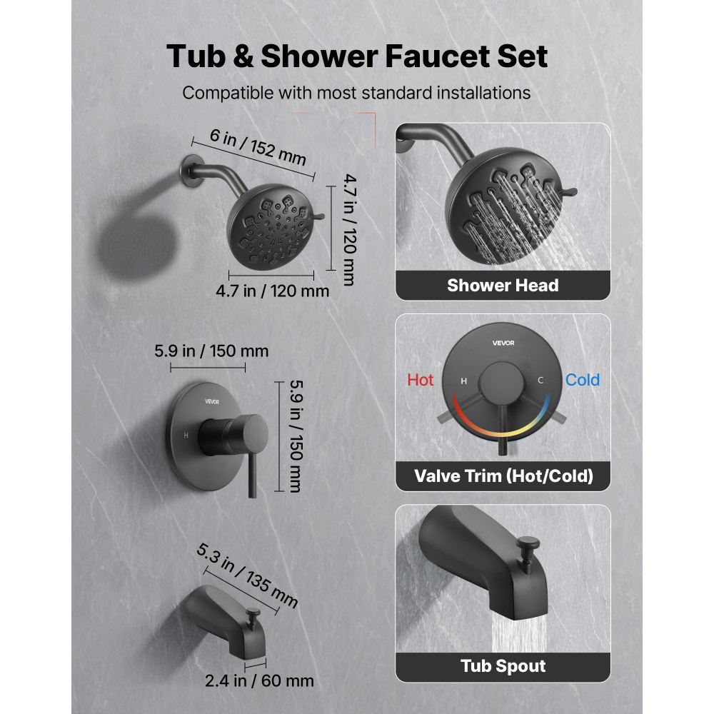 VEVOR Tub and Shower Faucet Set, Complete with 120 mm Rainfall Shower Head and Bathtub Spout, 9-Setting Adjustable Spray, Single-Handle Tub Trim Kit with Brass Pressure Balancing Valve, Matte Black