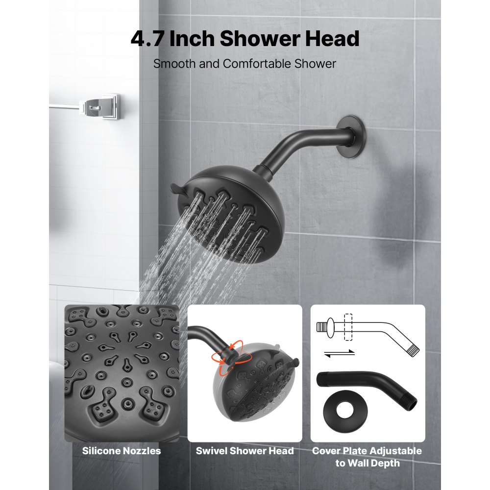 VEVOR Tub and Shower Faucet Set, Complete with 120 mm Rainfall Shower Head and Bathtub Spout, 9-Setting Adjustable Spray, Single-Handle Tub Trim Kit with Brass Pressure Balancing Valve, Matte Black