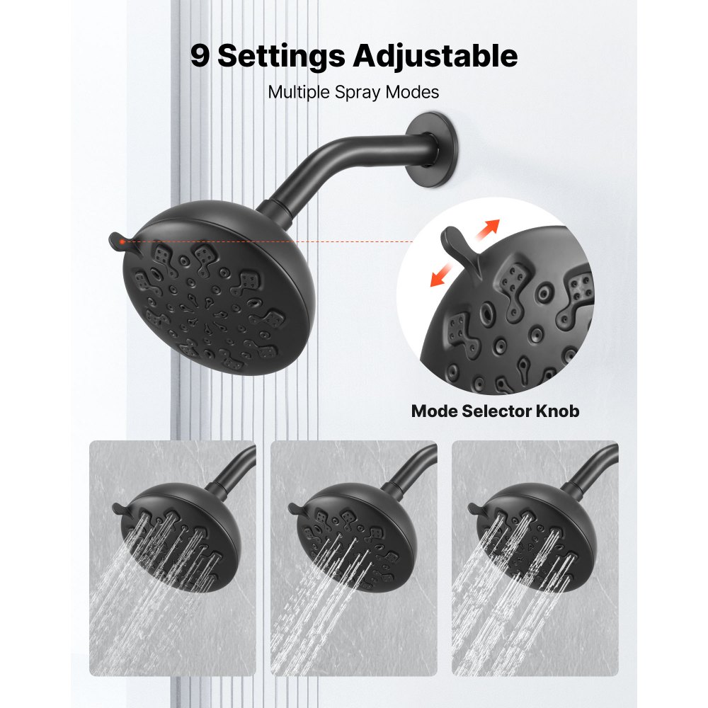 VEVOR Tub and Shower Faucet Set, Complete with 120 mm Rainfall Shower Head and Bathtub Spout, 9-Setting Adjustable Spray, Single-Handle Tub Trim Kit with Brass Pressure Balancing Valve, Matte Black