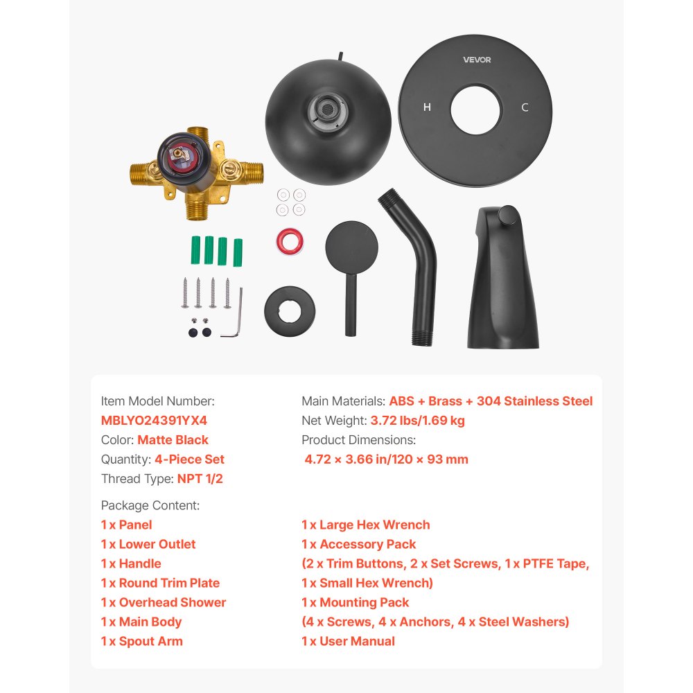 VEVOR Tub and Shower Faucet Set, Complete with 120 mm Rainfall Shower Head and Bathtub Spout, 9-Setting Adjustable Spray, Single-Handle Tub Trim Kit with Brass Pressure Balancing Valve, Matte Black