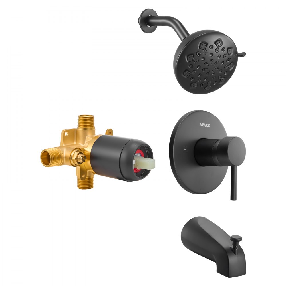 VEVOR Tub and Shower Faucet Set, Complete with 120 mm Rainfall Shower Head and Bathtub Spout, 9-Setting Adjustable Spray, Single-Handle Tub Trim Kit with Brass Pressure Balancing Valve, Matte Black