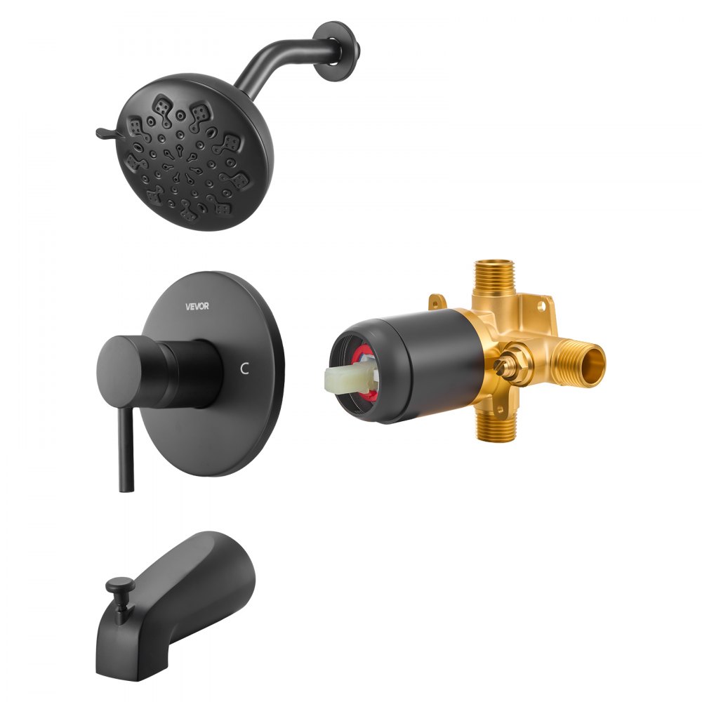 VEVOR Tub and Shower Faucet Set, Complete with 120 mm Rainfall Shower Head and Bathtub Spout, 9-Setting Adjustable Spray, Single-Handle Tub Trim Kit with Brass Pressure Balancing Valve, Matte Black